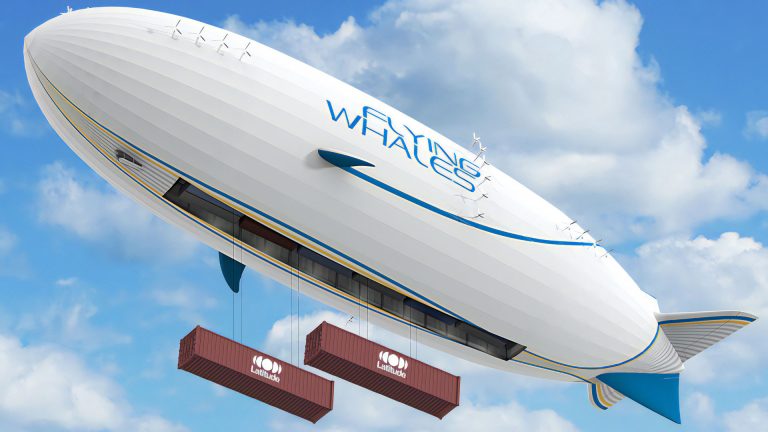 Rappresentazione grafica di un dirigibile rigido LCA60T di Flying Whales per il trasporto degli Zephyr di Latitude