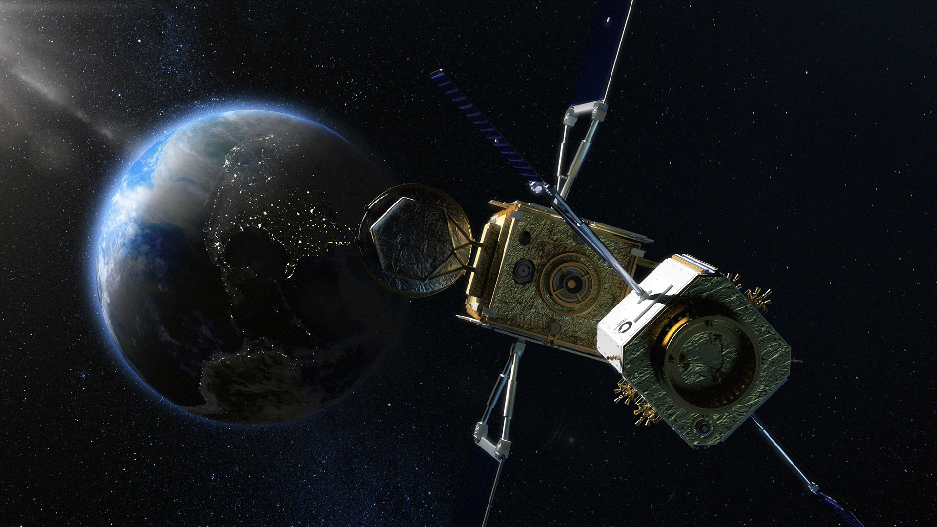 Rappresentazione grafica di una futura missione di estensione vita di ClearSpace verso un satellite geostazionario dii Intelsat